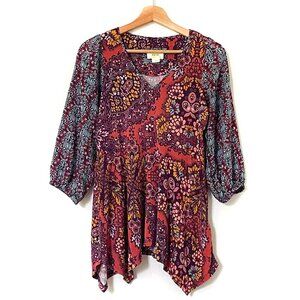 Anthropologie Maeve Mariella Paisley Tunic Blouson Sleeves Asymmetric Hem XS